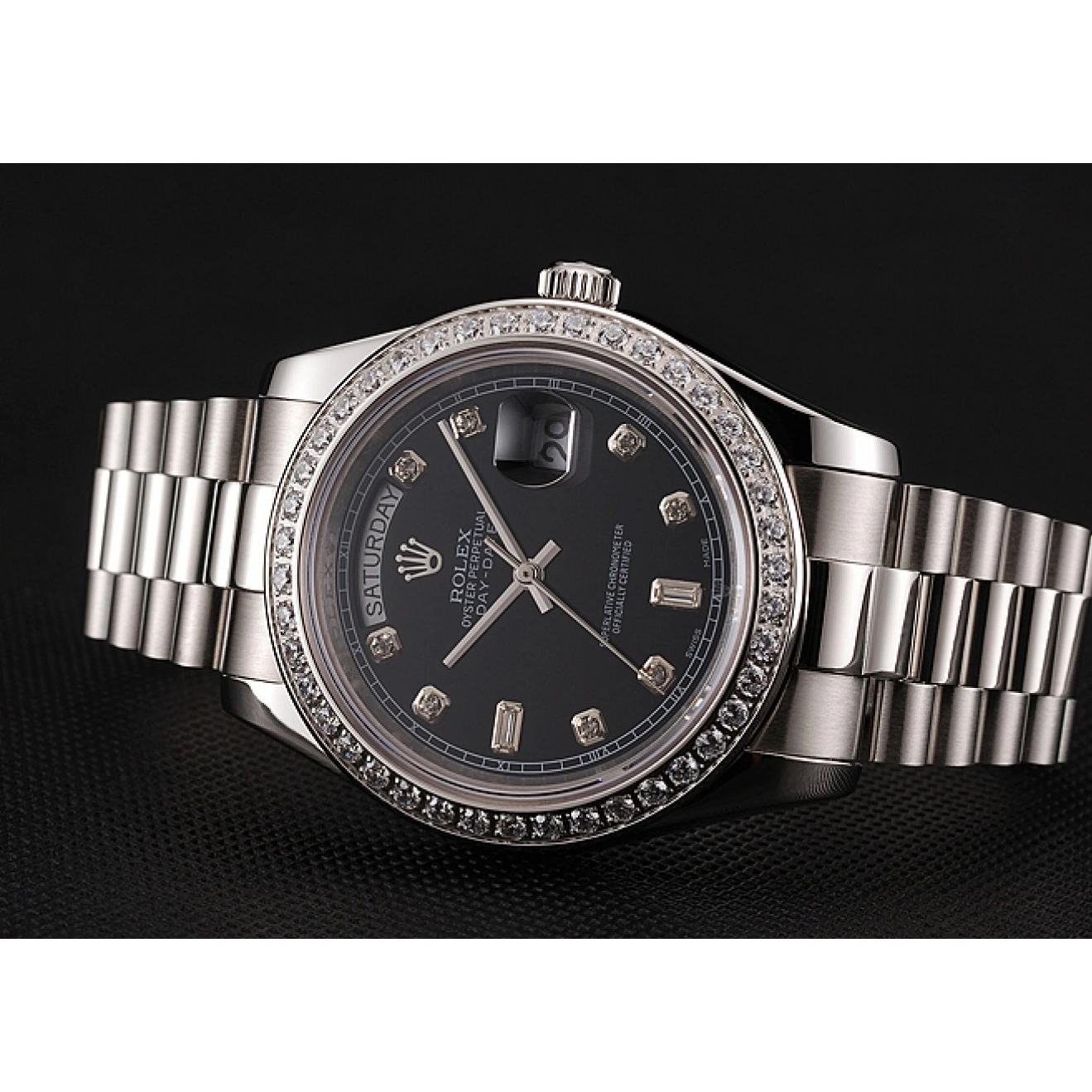 Aaa replica watch 1453966 Day-Date Dial Case Rolex Swiss Steel Diamond Numerals Black Diamond Stainless Bracelet 0820
